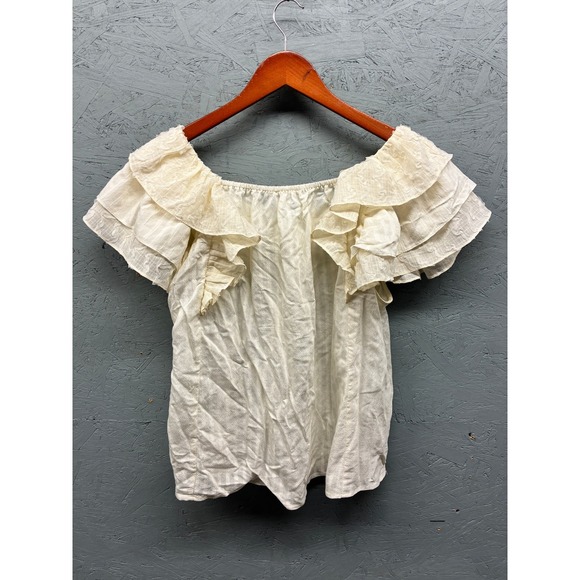 Ces Femme Blouse Women's Medium Cream Square Neck Ruffle Flutter Sleeve Top - Picture 9 of 10